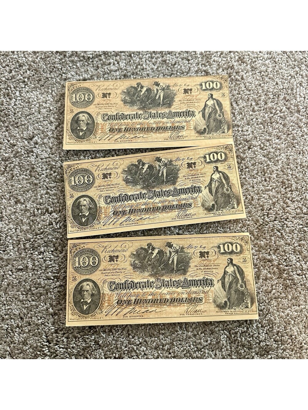 Lot of 3 Confederate States of America Bills $100